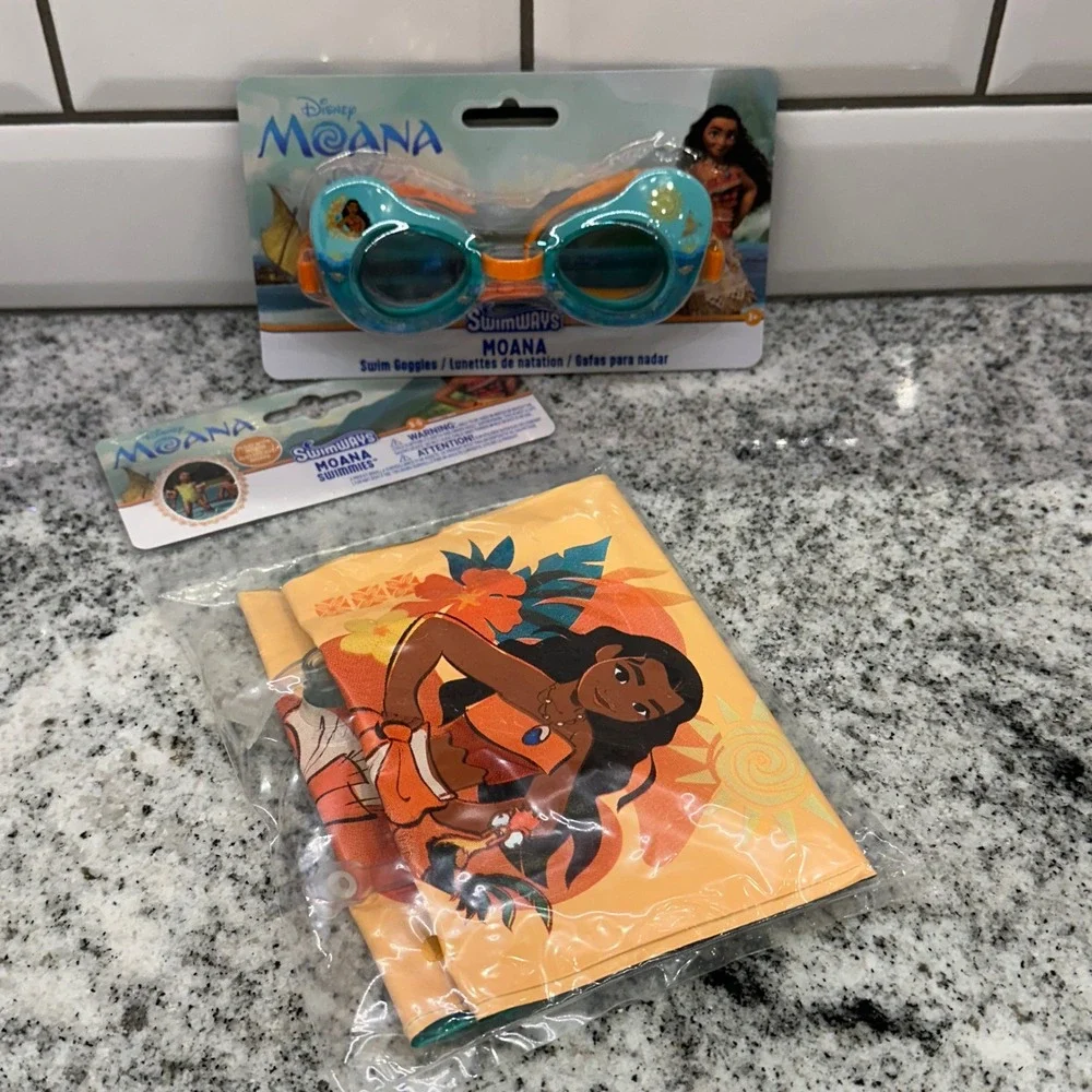 Disney Kids 3-5 Moana Swim Goggles Inflatable Swimmies Set Teal Orange Tropical